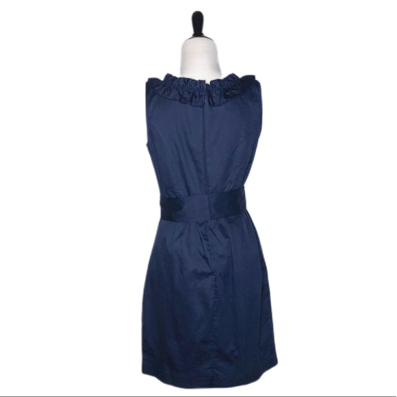 J. Crew | Tie Waist Navy Blue Ruffle Neck Dress - Picture 2 of 4